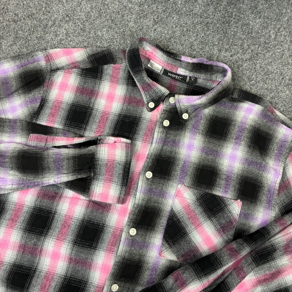 WeSC Mens Size XL Pink Purple Black Plaid Flannel Button Down Shirt Long Sleeve